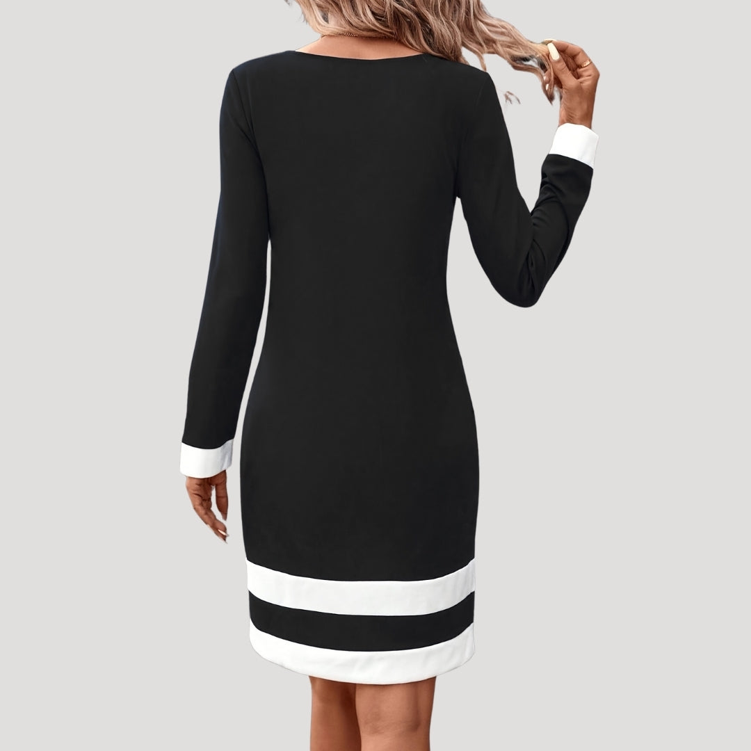 Brelya | Dames midi shiftjurk met colorblock – Lange mouwen elegante kantoorjurk