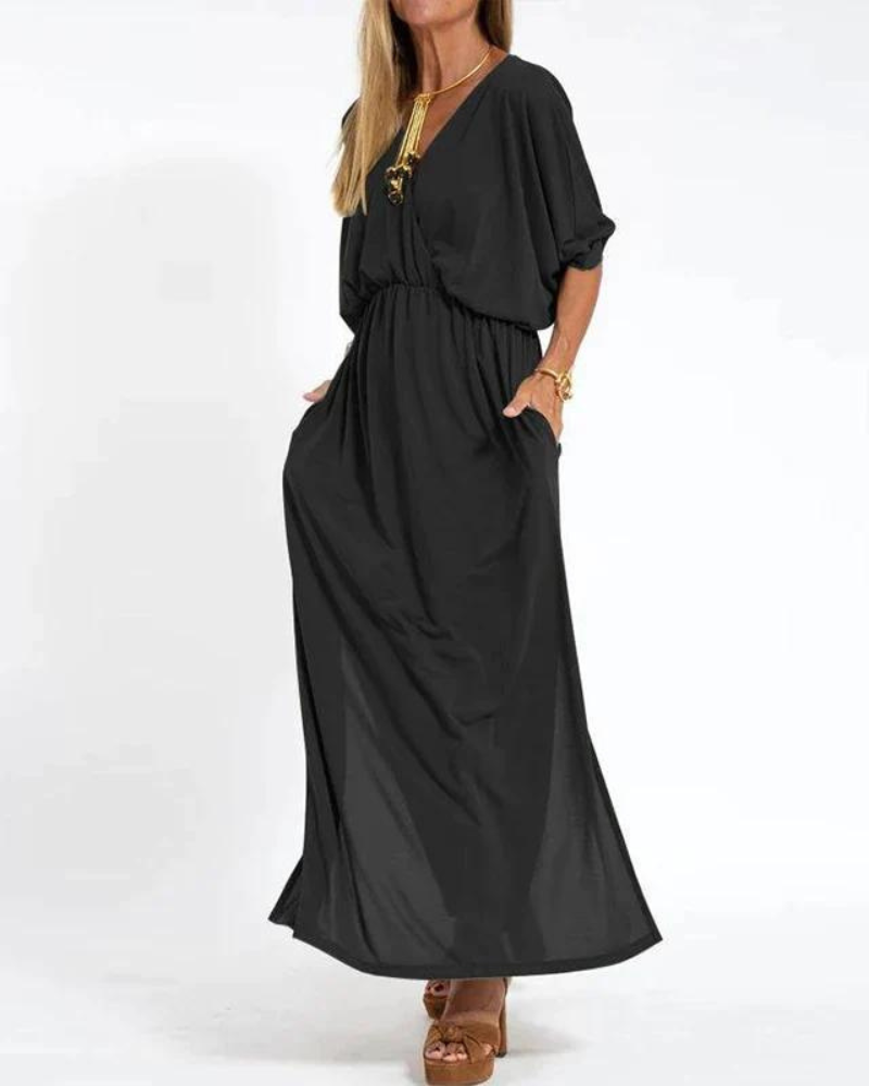 Sunhild | Elegant Long Vintage V-neck Dress - Flowy Maxi Dress for Women