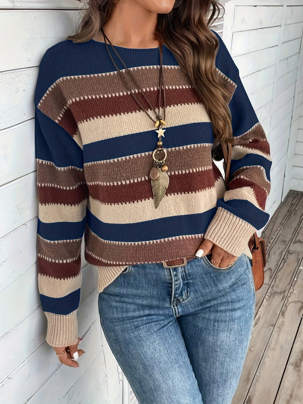 Freja | Dames Trui met Kleurblok Streepjes Ronde Hals - Vintage Pullover Met Lange Mouwen voor Vrijetijdskleding