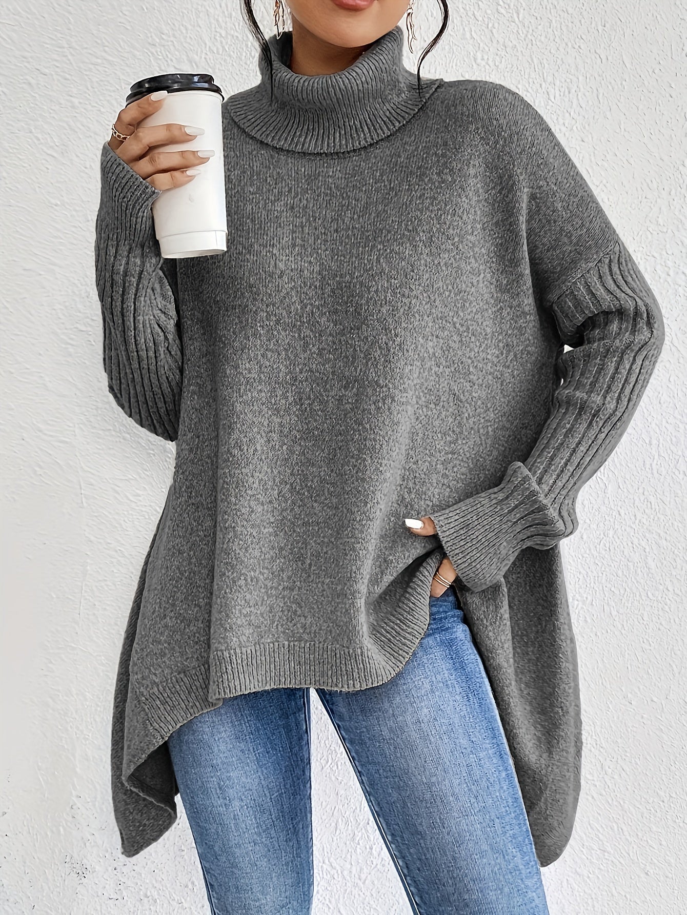 Fenella | Pull col roulé vintage en coton pour femme - Coupe oversize asymétrique, manches longues, pull en maille décontracté