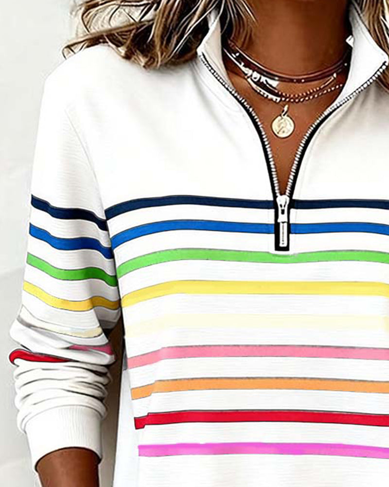 Vayen | Regenboogstreep sweatshirt met halve rits voor dames – Casual pullover, trendy kleurrijke top