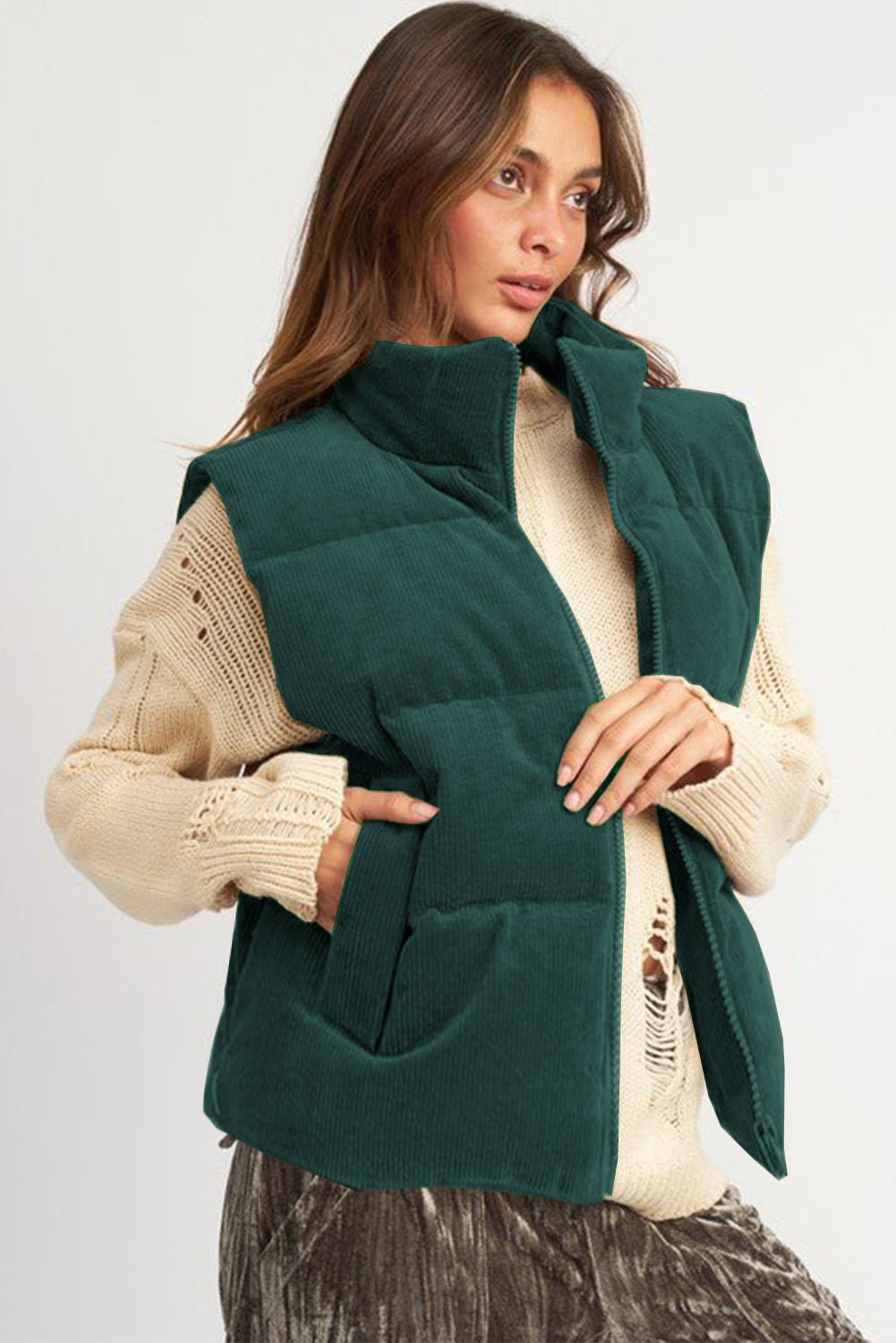 Dagny | Corduroy Puffer Vest met Ritssluiting Staande Kraag Casual Jack voor Dames