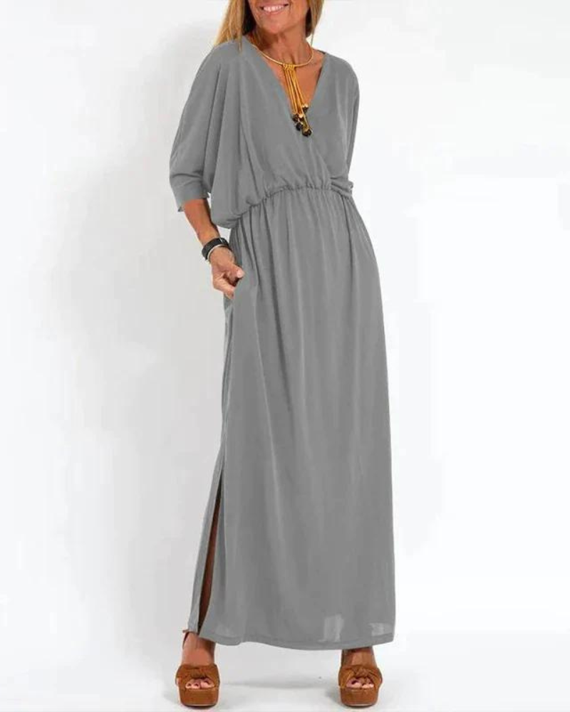 Sunhild | Elegant Long Vintage V-neck Dress - Flowy Maxi Dress for Women
