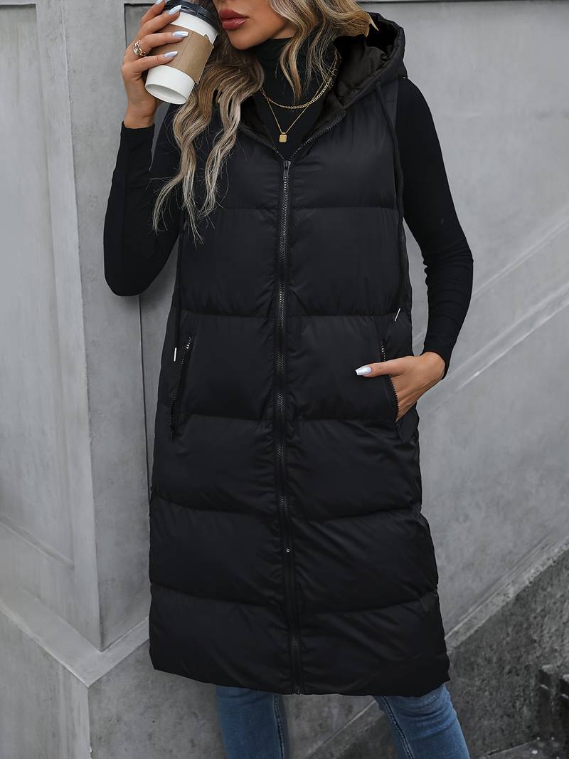 Aina | Lang gewatteerd mouwloos vest met capuchon voor dames - lichtgewicht bodywarmer vest