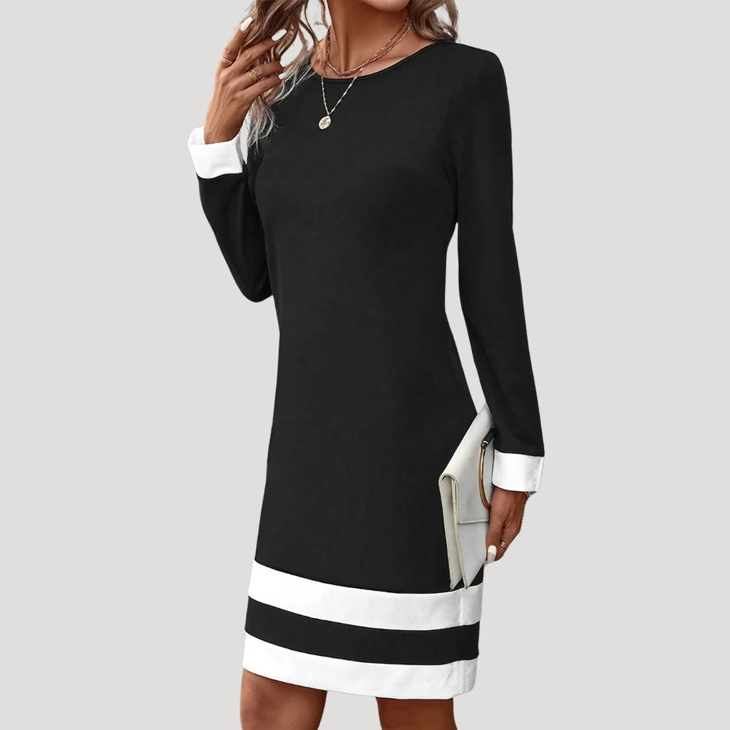 Brelya | Dames midi shiftjurk met colorblock – Lange mouwen elegante kantoorjurk