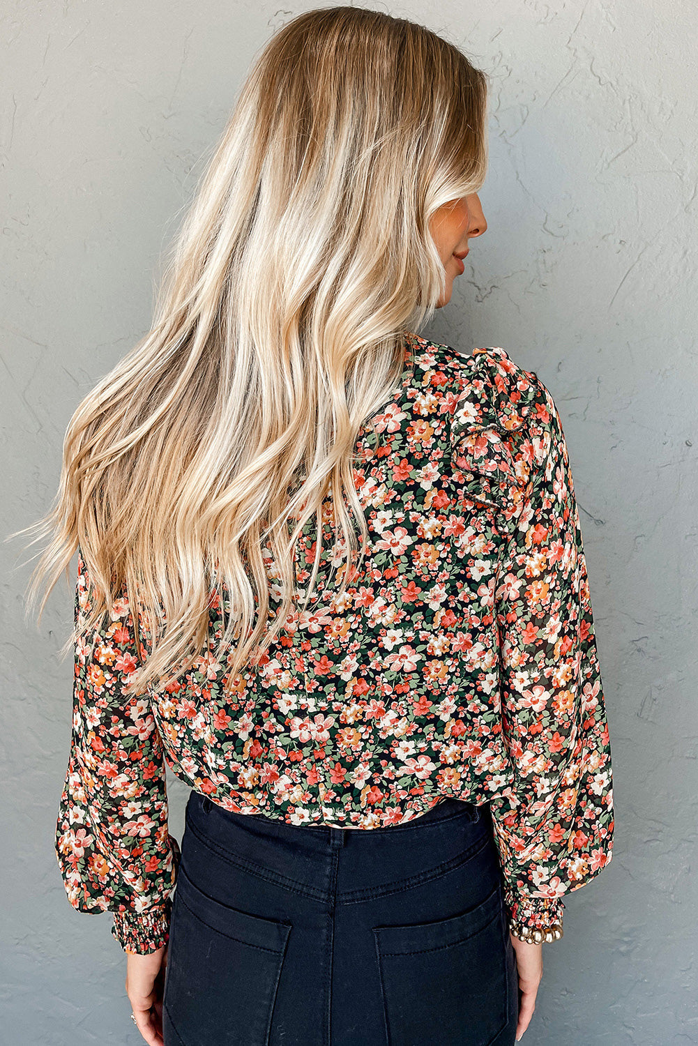 Izzara | Women's Floral Blouse - Ruffles, Plaid Cuffs, Long Sleeves, Elegant Top