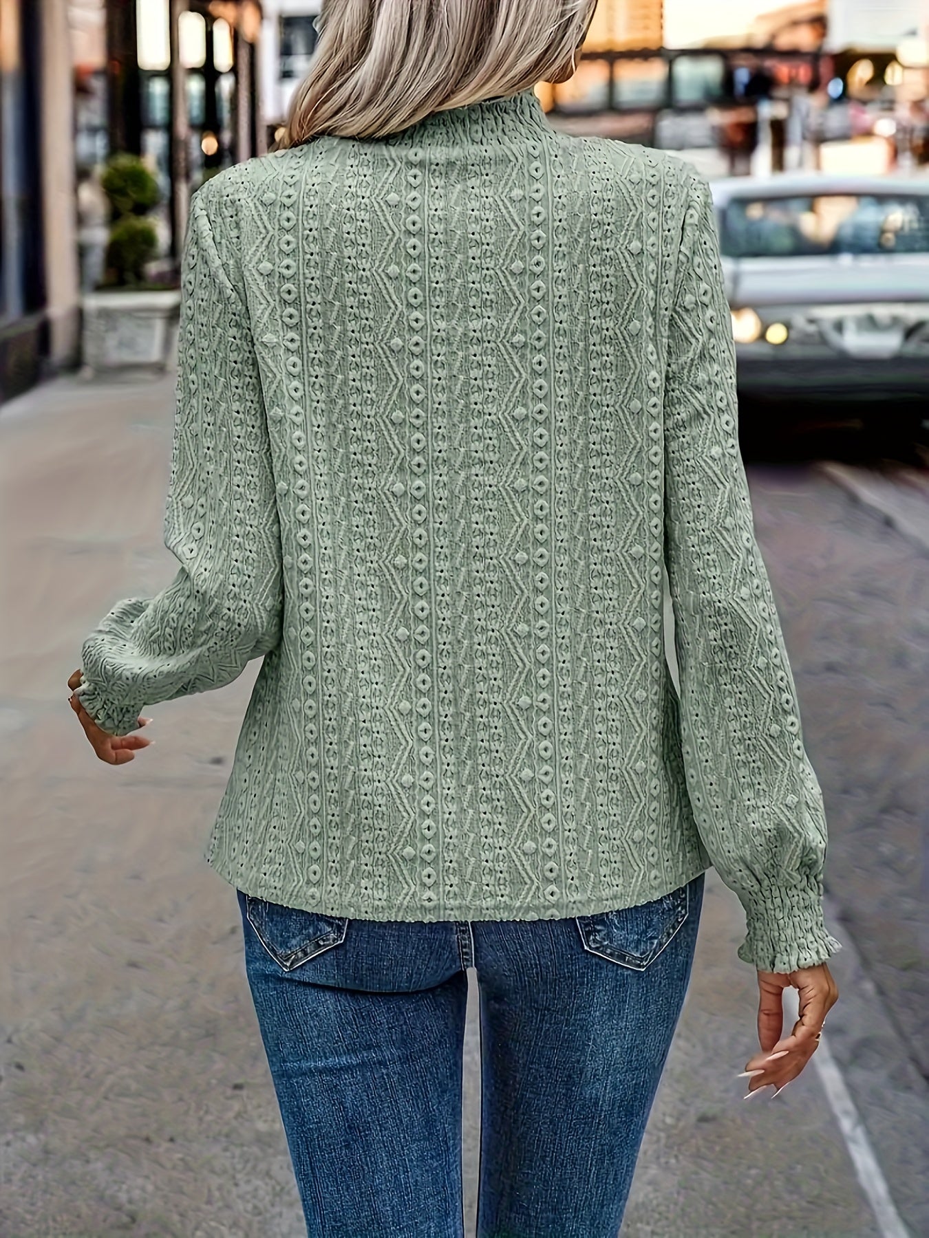 Zelia | Women's Long-Sleeved Shirt with Stand-Up Collar and Shirred Cuffs