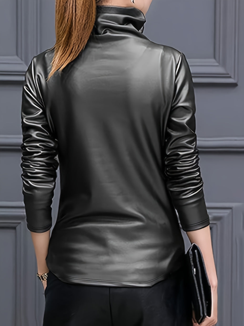 Elfrida | Vrouwen Lange Mouwen PU Leren Coltrui - Elegante Casual Top