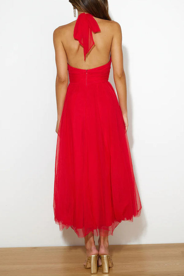 Bellina | Elegant Long Halter Neck Dress - Mesh Fabric