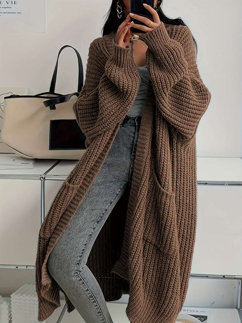 Myvessa | Gilet long en maille pour femme – ouvert sur le devant, coupe oversize, pull décontracté pour l'automne et l'hiver