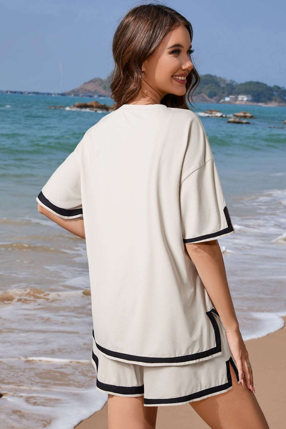 Sanya | Casual Abrikoos Trim T-shirt en Shorts Set