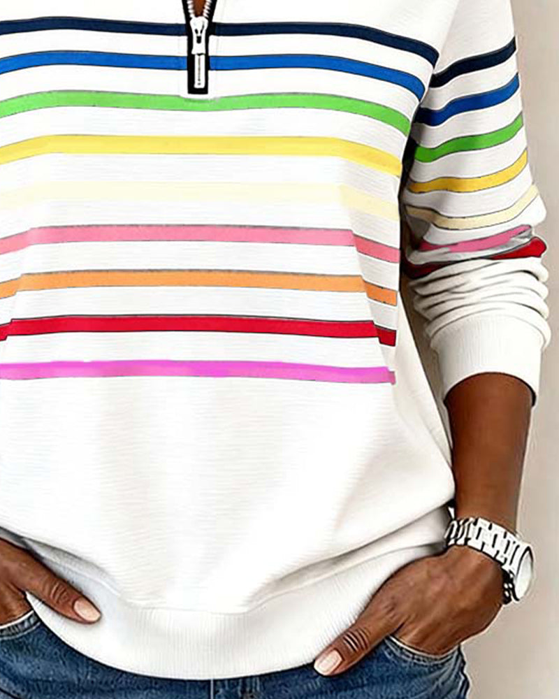Vayen | Regenboogstreep sweatshirt met halve rits voor dames – Casual pullover, trendy kleurrijke top