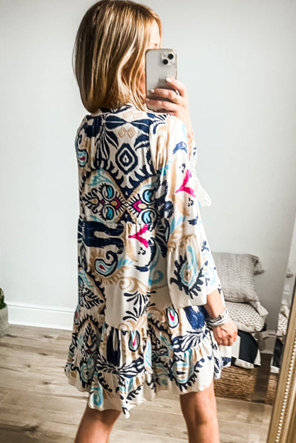 Ravienna | Women's Tribal Print Mini Dress - Button-Up, Bracelet Sleeve, Boho Chic