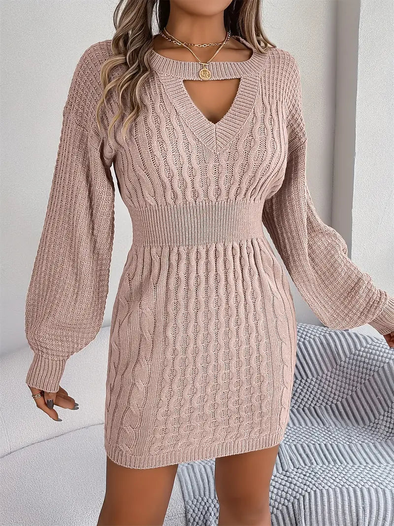 Fonda | Knitted Women's Sweater with Keyhole Detail & Lantern Sleeves, Elegant Winter Dress