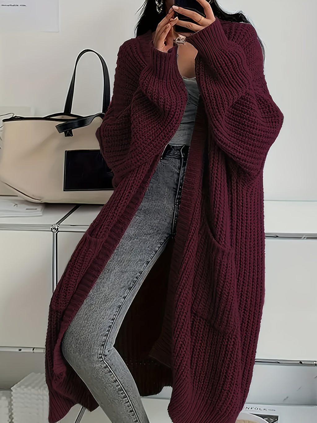Myvessa | Gilet long en maille pour femme – ouvert sur le devant, coupe oversize, pull décontracté pour l'automne et l'hiver