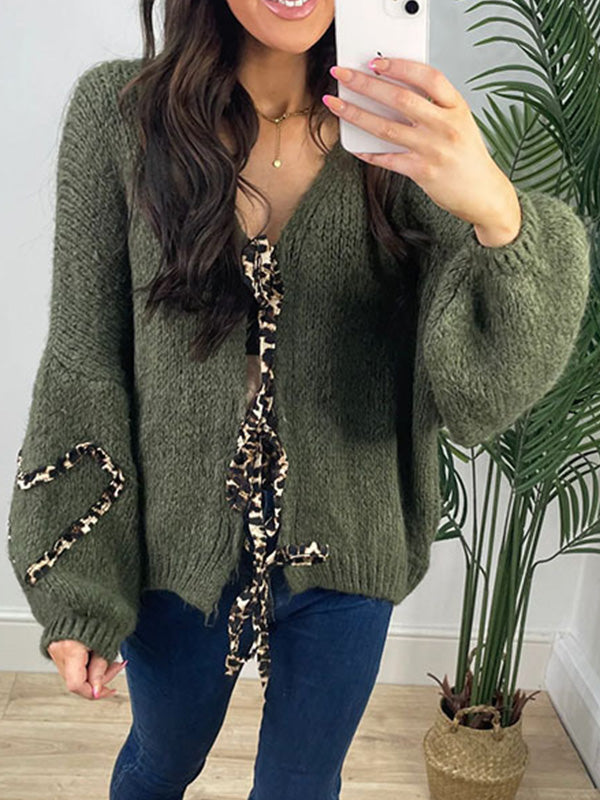Eliana | Loose warm women's cardigan with sweater, leopard print with bow closure, casual long-sleeved knit
