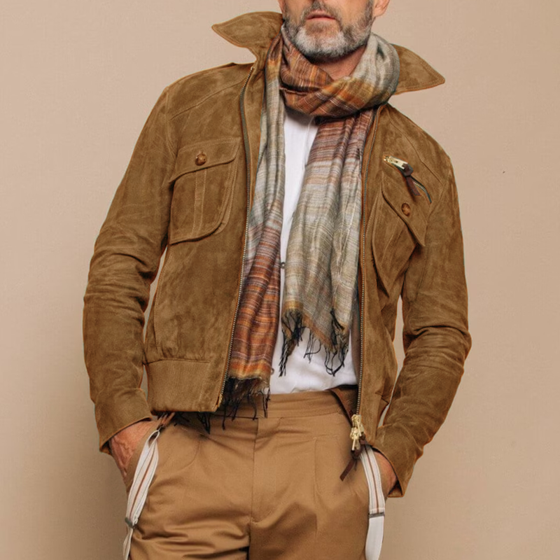 Orenth | Retro suède jas voor heren met reverskraag, ritssluiting, borstzak, casual bovenkleding