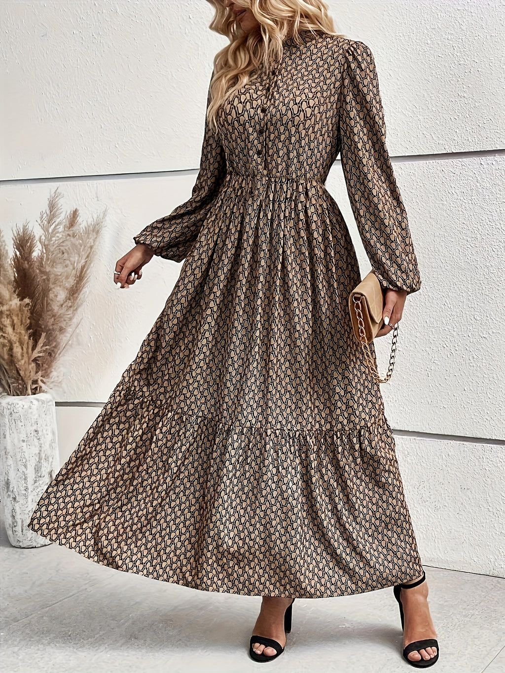 Neroli | Elegant Maxi Dress with Round Neck - Long Lantern Sleeves, A-line, Button Detail