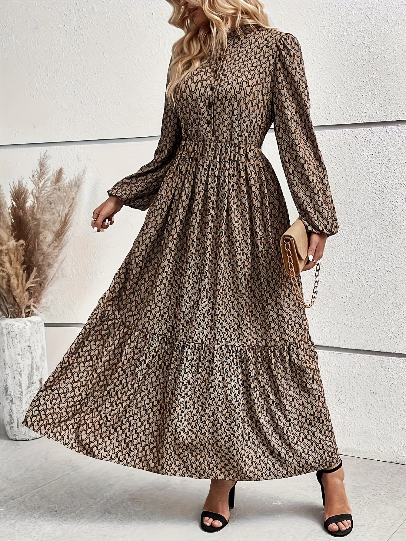 Neroli | Elegant Maxi Dress with Round Neck - Long Lantern Sleeves, A-line, Button Detail