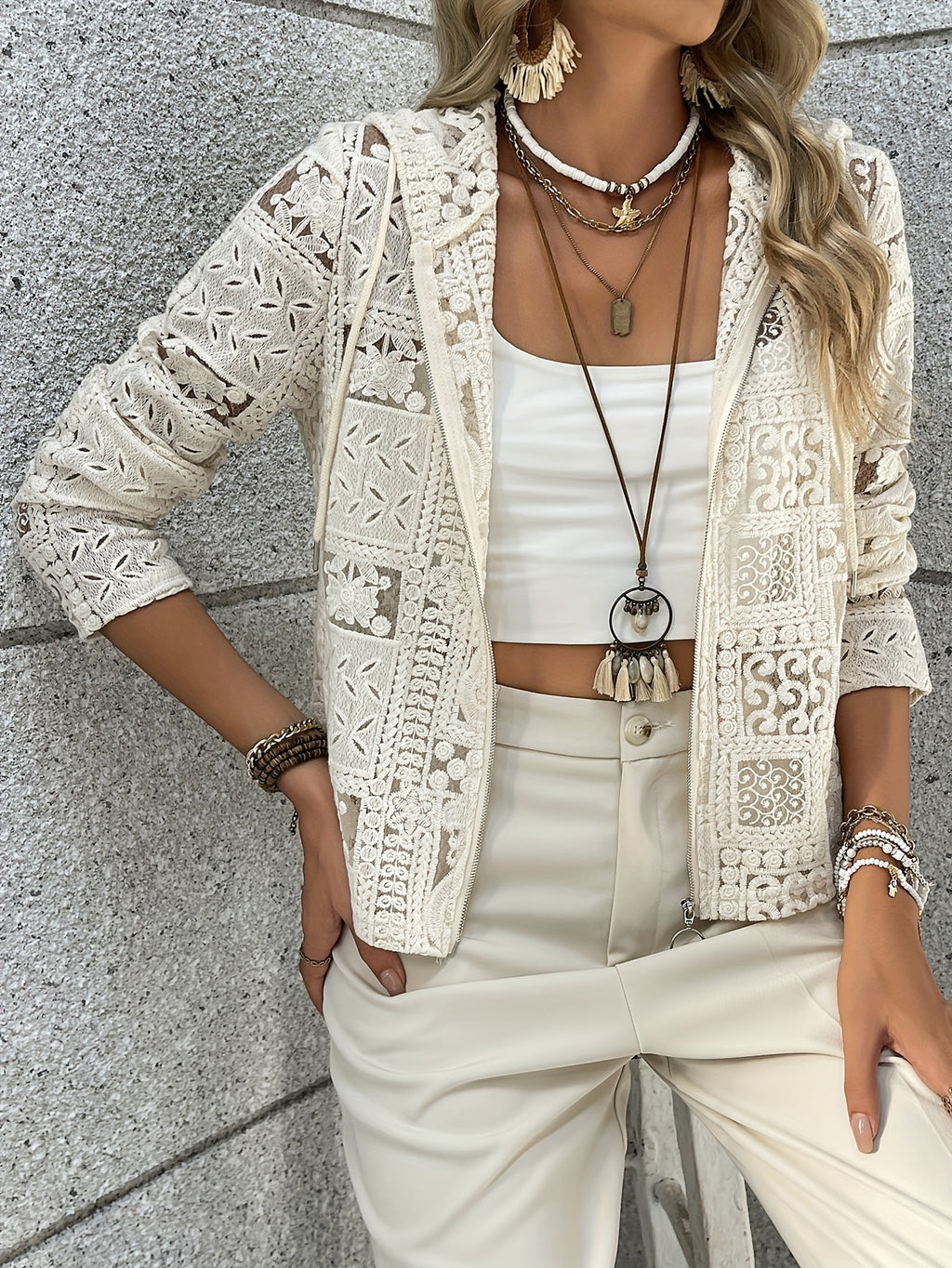 Quinby | Women's Lace Hoodie - Casual Cardigan with Eyelet Detail