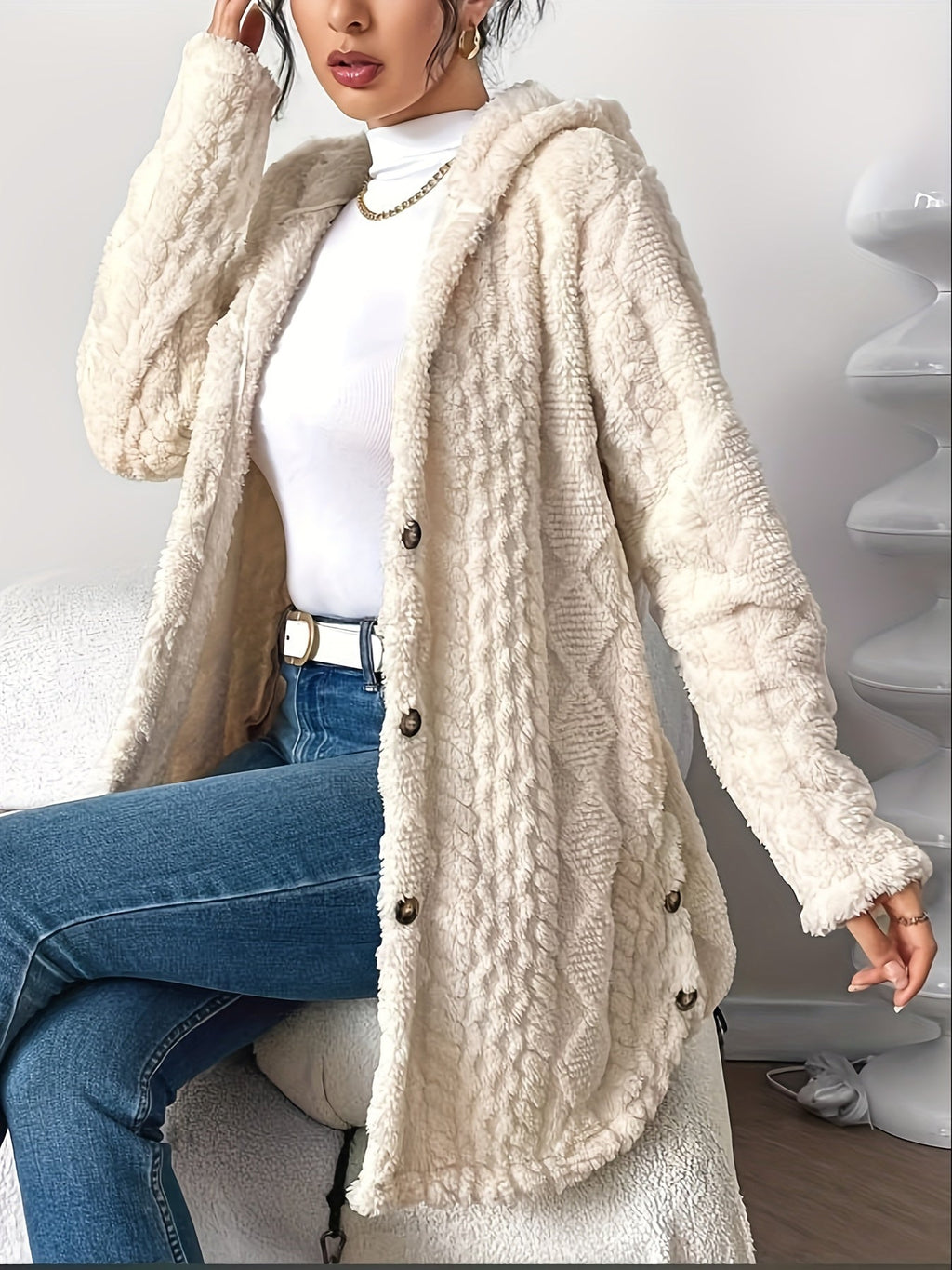Palithra | Dames Fluffy Lang Capuchonvest – Losse Pasvorm, Zachte Nepbont voor Herfst & Winter