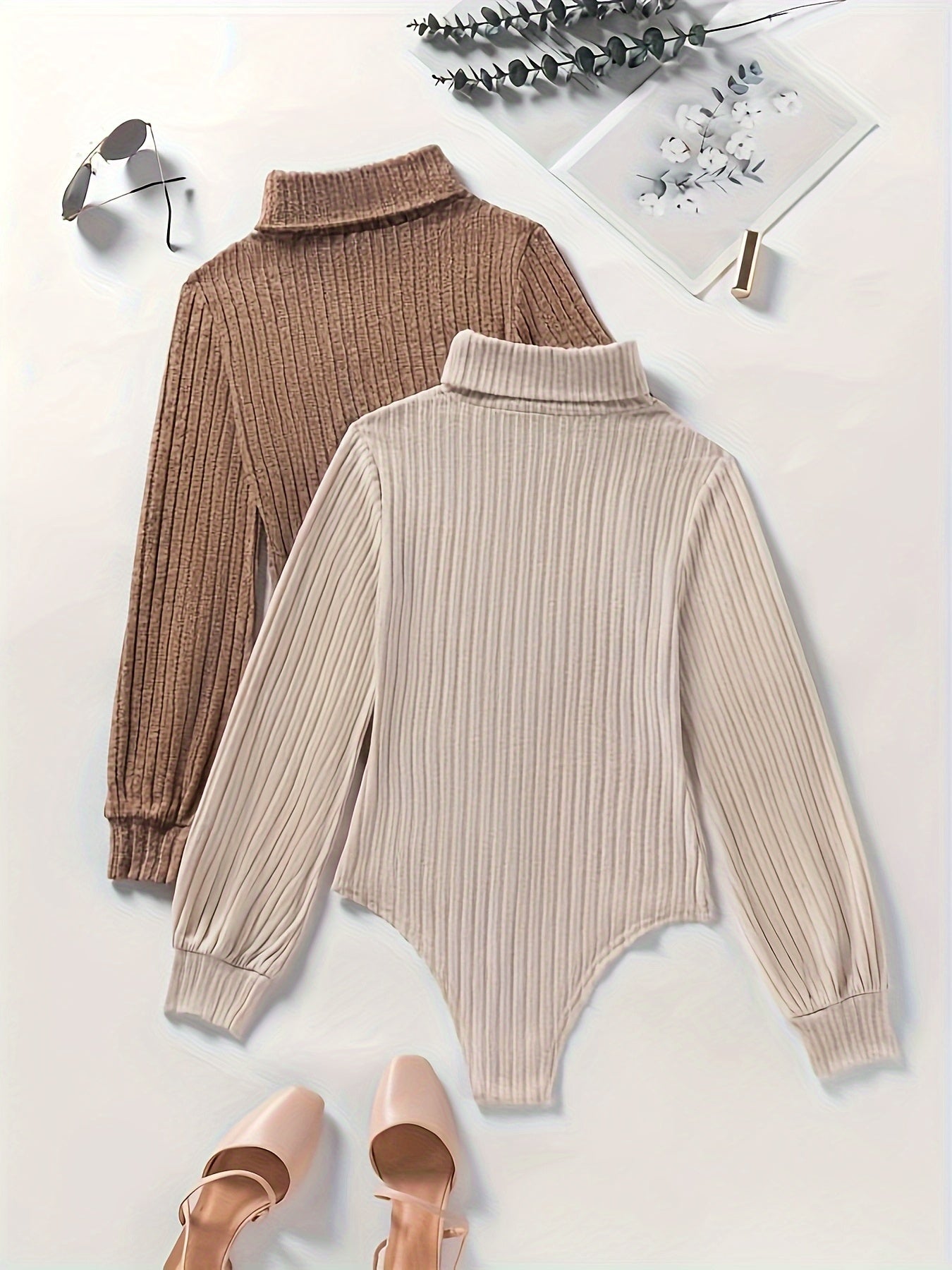 Leontine | Casual geribbelde damesbody met lange mouwen en schildpadhals - 2-delig