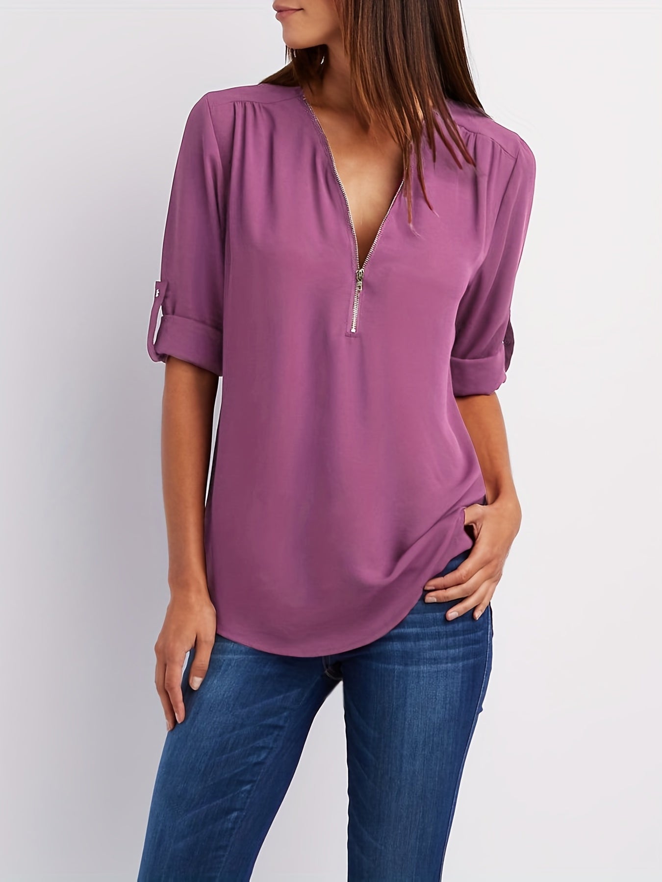 Veridiana | Women's V-Neck Half-Zip Blouse - Casual Ruffle Sleeve, Elegant and Breathable