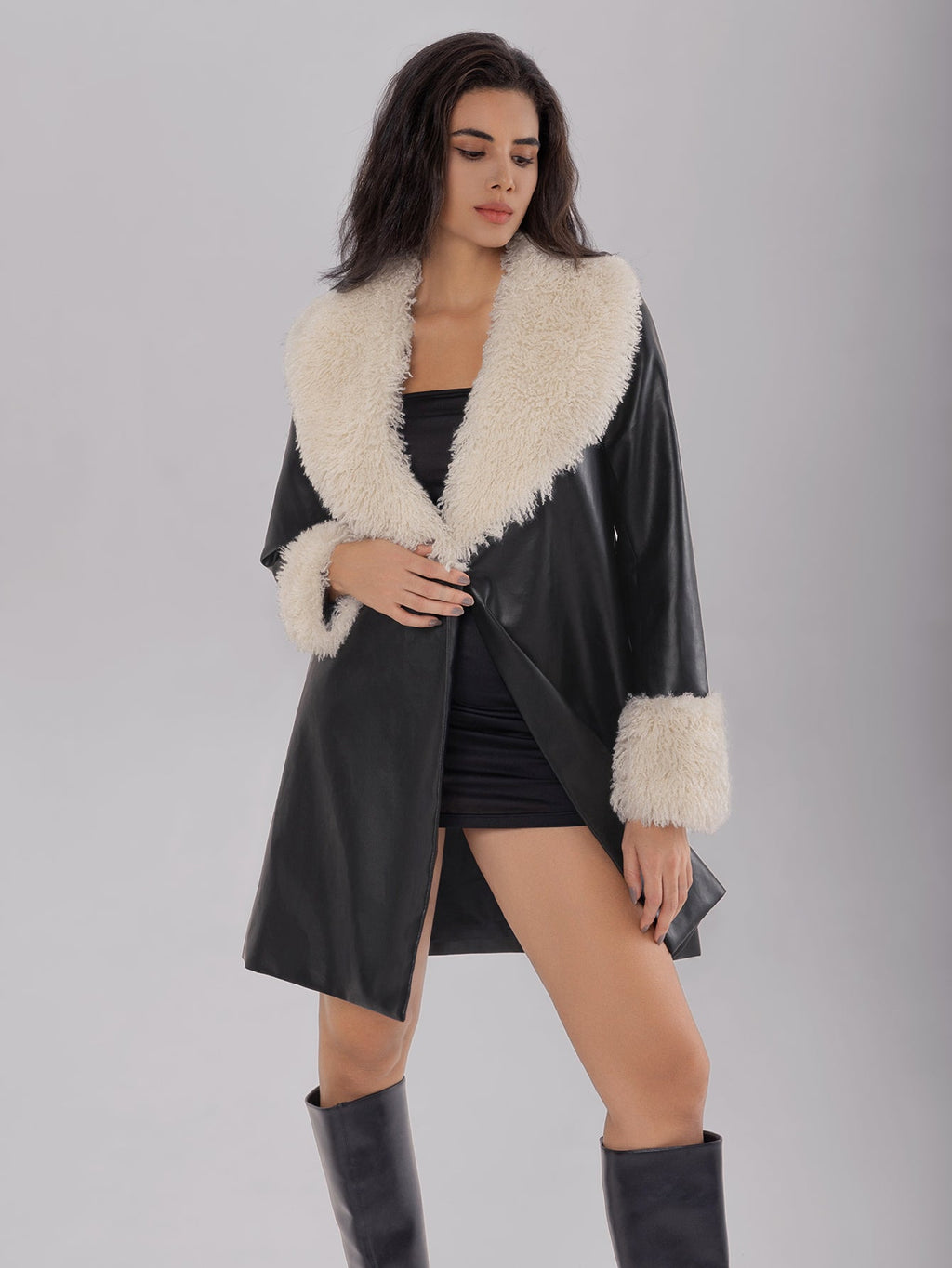 Posy | Women's leather jacket with fluffy collar, warm fleece lining