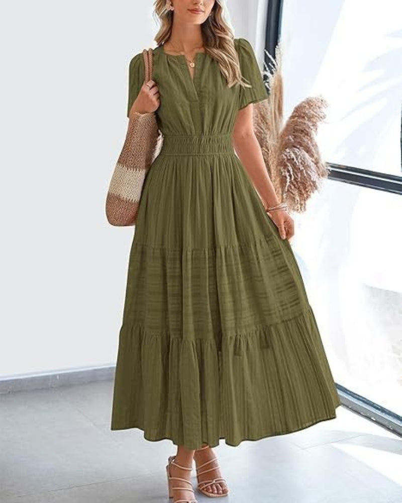 Olinda | Casual Short-Sleeved Maxi Dress - Flowy Long Dress for Women