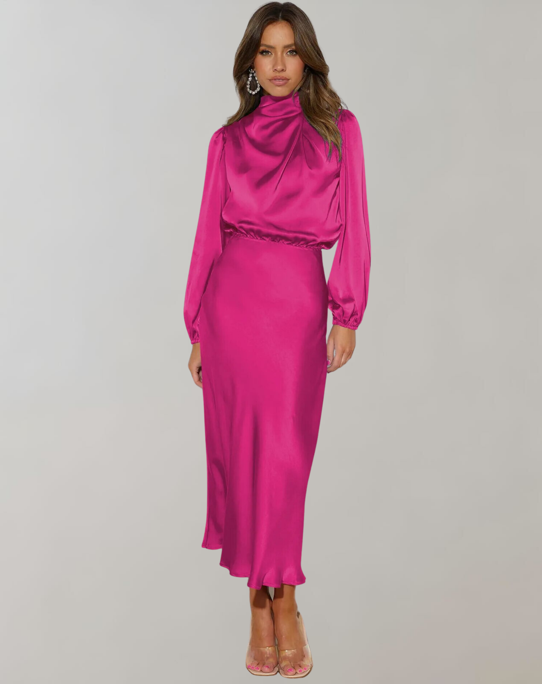 Darielle | Elegante satijnen jurk met lange mouwen voor avond, feest & formele kleding