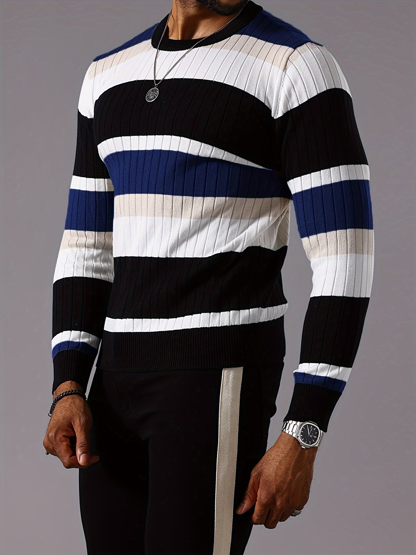 Epoch | Casual Gestreepte Pullover met Kleurblokken voor Heren - Sweater met Lange Mouwen en Ronde Hals