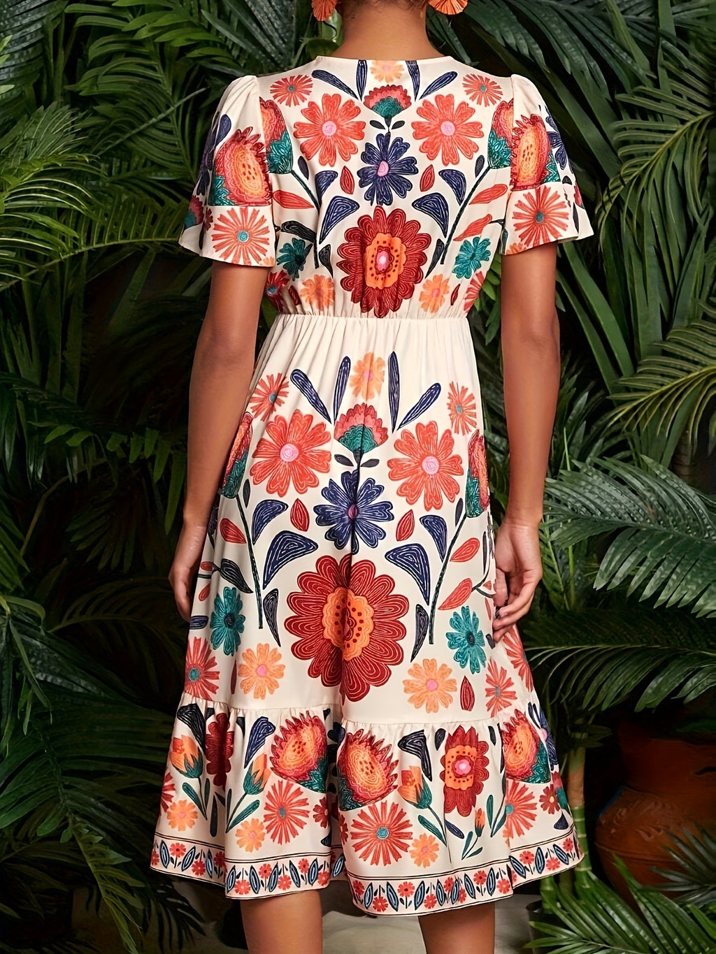 Lenka | Women's floral print dress with V-neck, butterfly sleeves, A-line, and ruffled hem