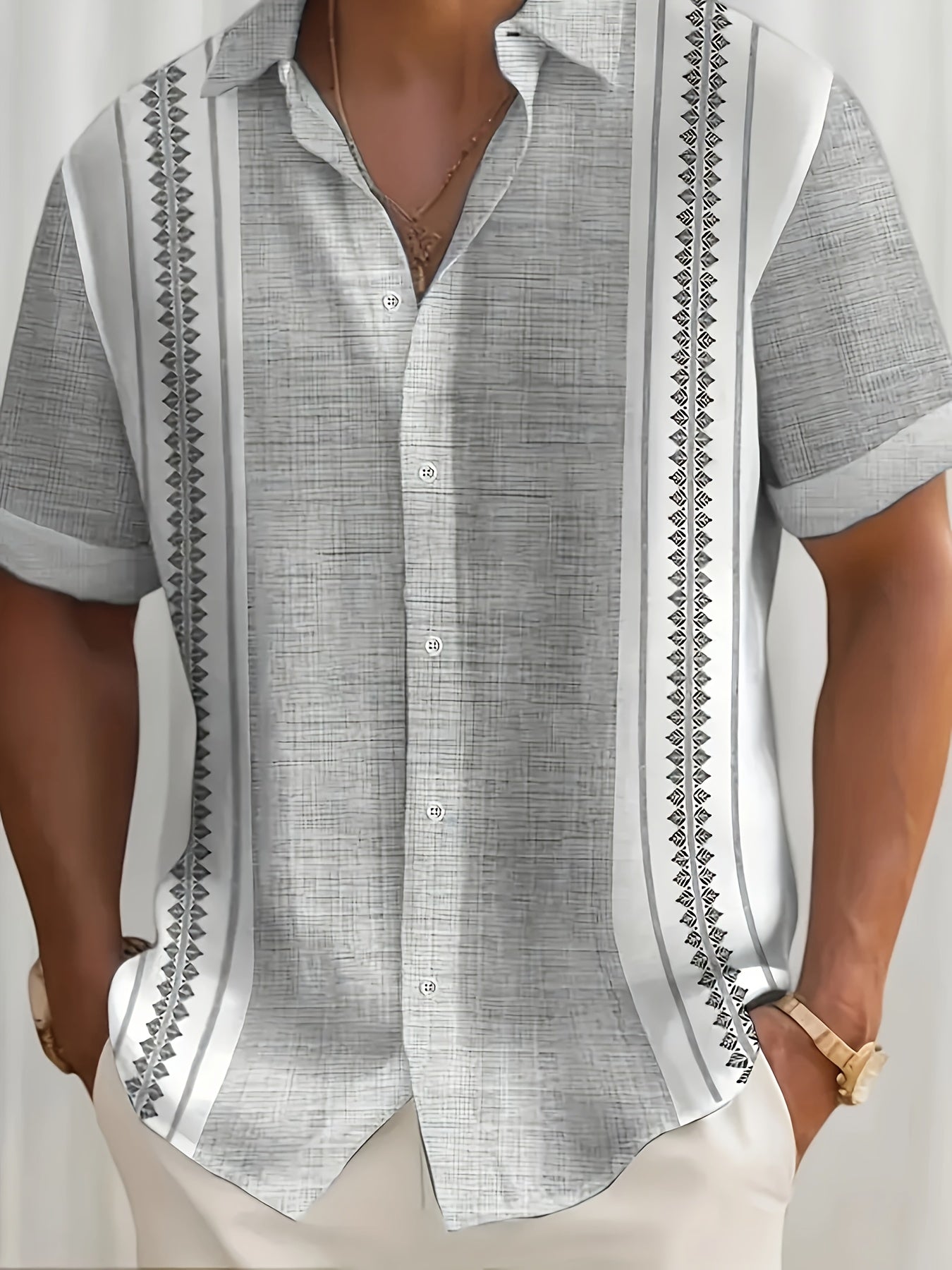 Isoren | Heren zomershirt – geometrische print, korte mouwen en casual met contrasterende strepen