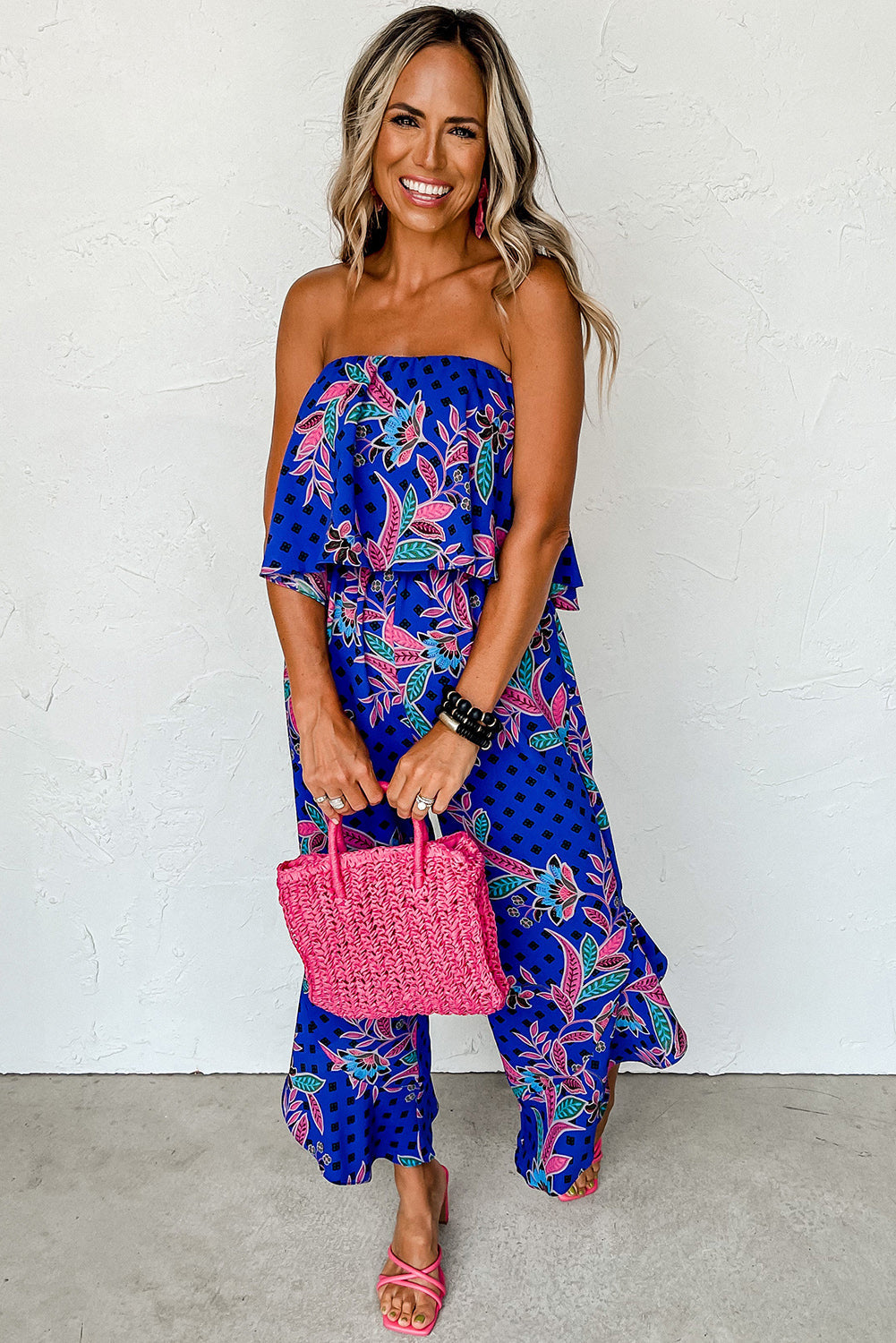 Aiko | Blauw Mix Tropisch Gedrukte Bandloze Jumpsuit