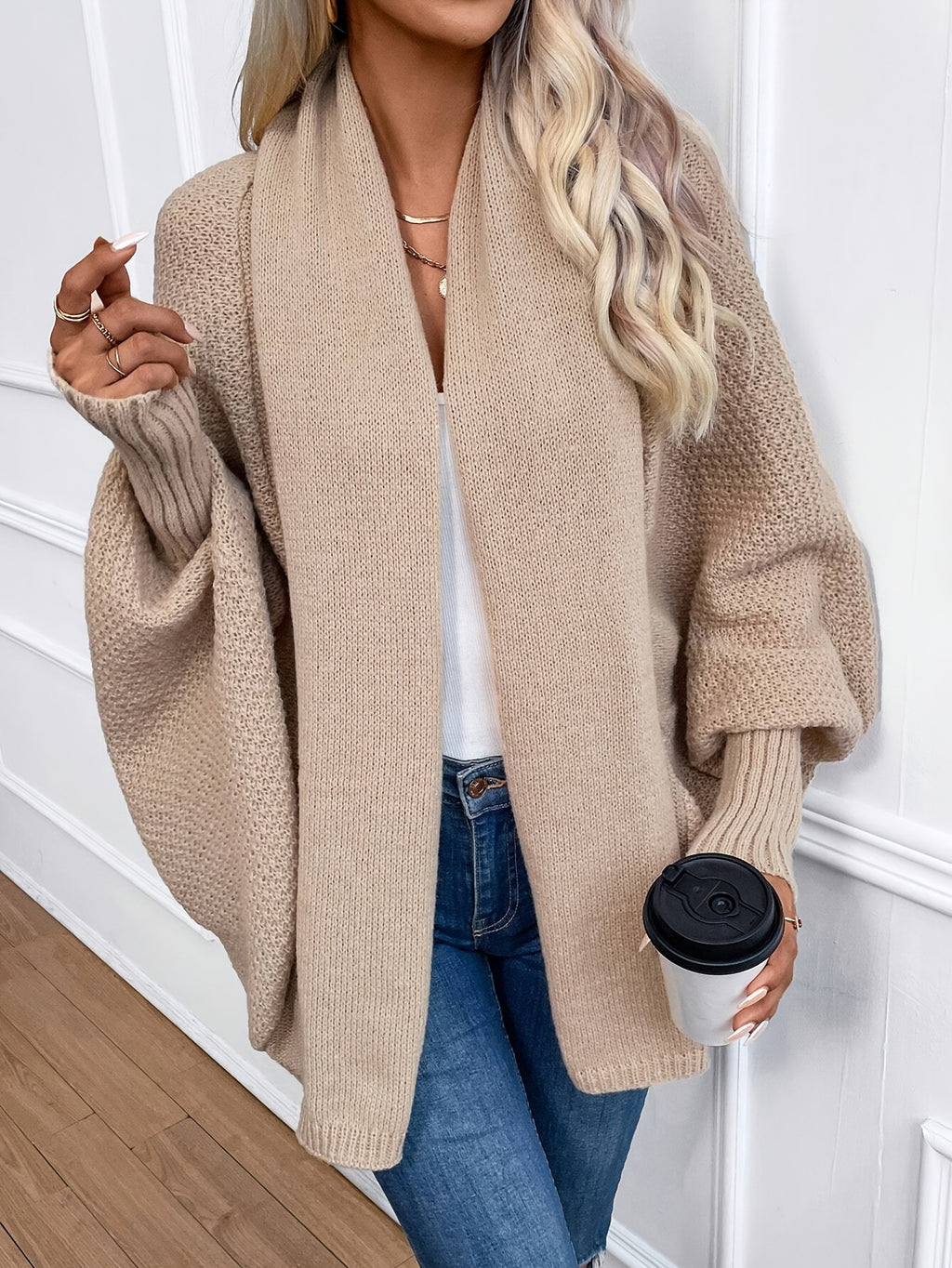 Felice | Oversized damesvest met open voorkant en vleermuismouwen - Los model, elegante effen kleur