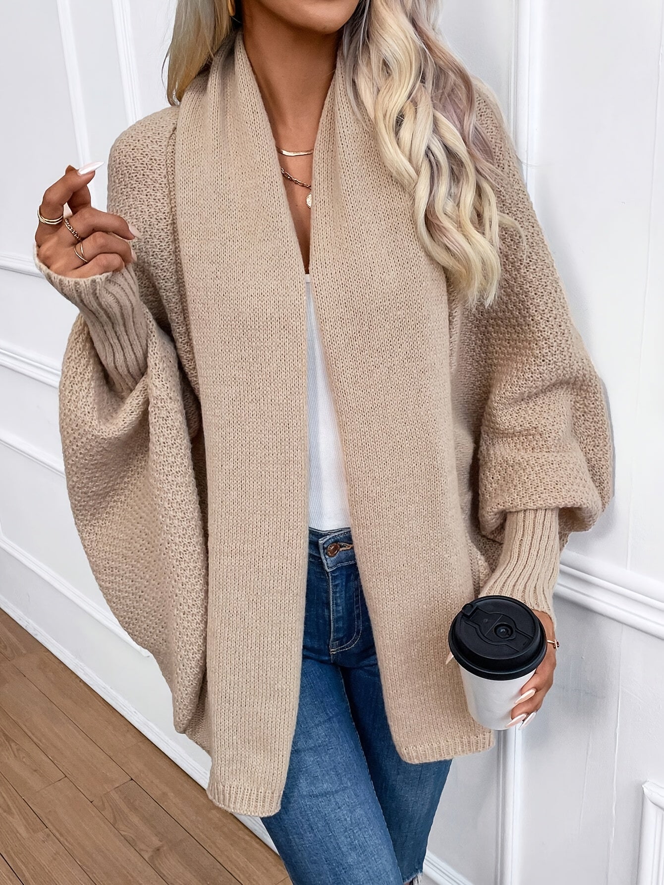 Felice | Oversized damesvest met open voorkant en vleermuismouwen - Los model, elegante effen kleur