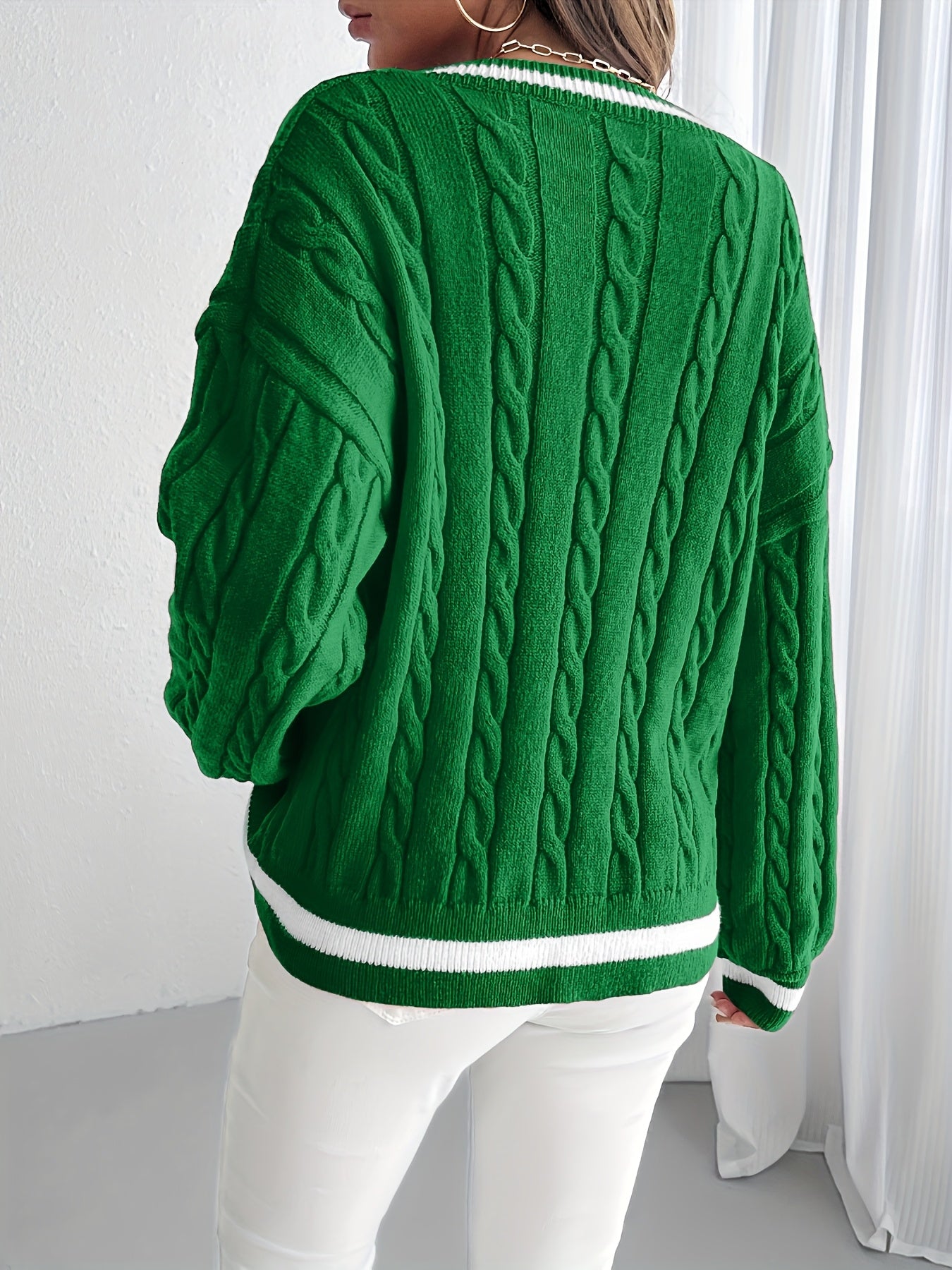 Esther | Elegante gebreide trui met V-hals voor vrouwen - Casual Pullover met lange mouwen, Zachte gebreide kabeltop
