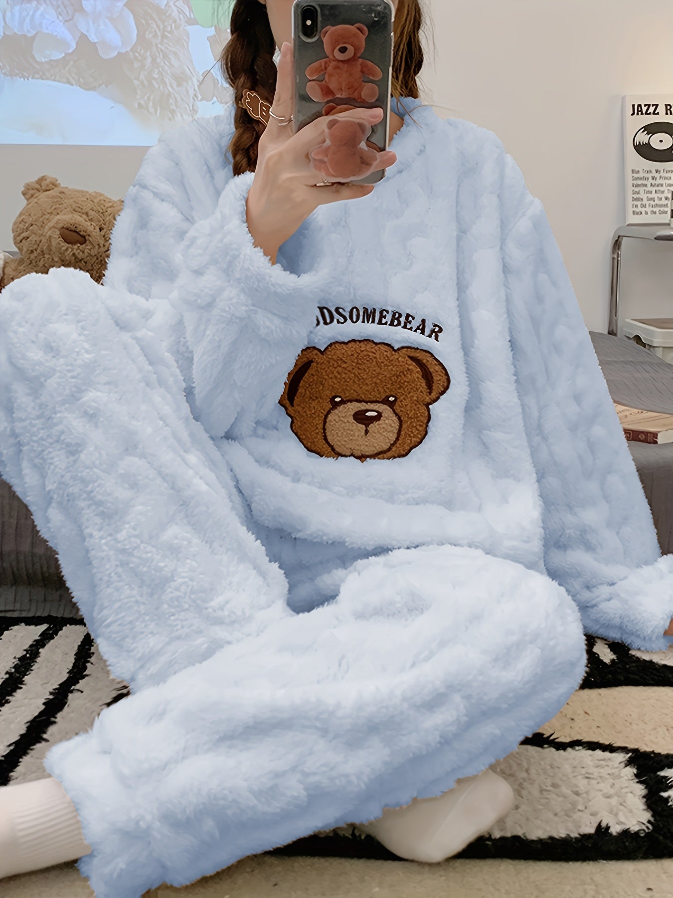 Faren | Gezellige dames fleece pyjama set - Beren borduurwerk, lange mouwen top & flanellen broek