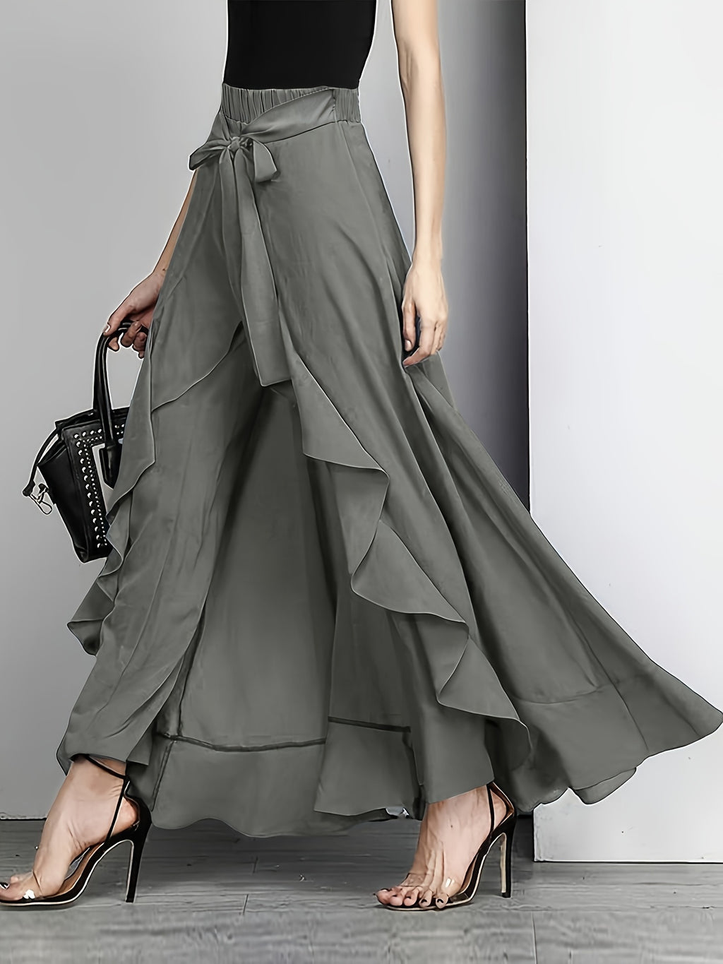 Hynessa | Ruffle women's trousers - wide-leg trousers with high waist and skirt overlay