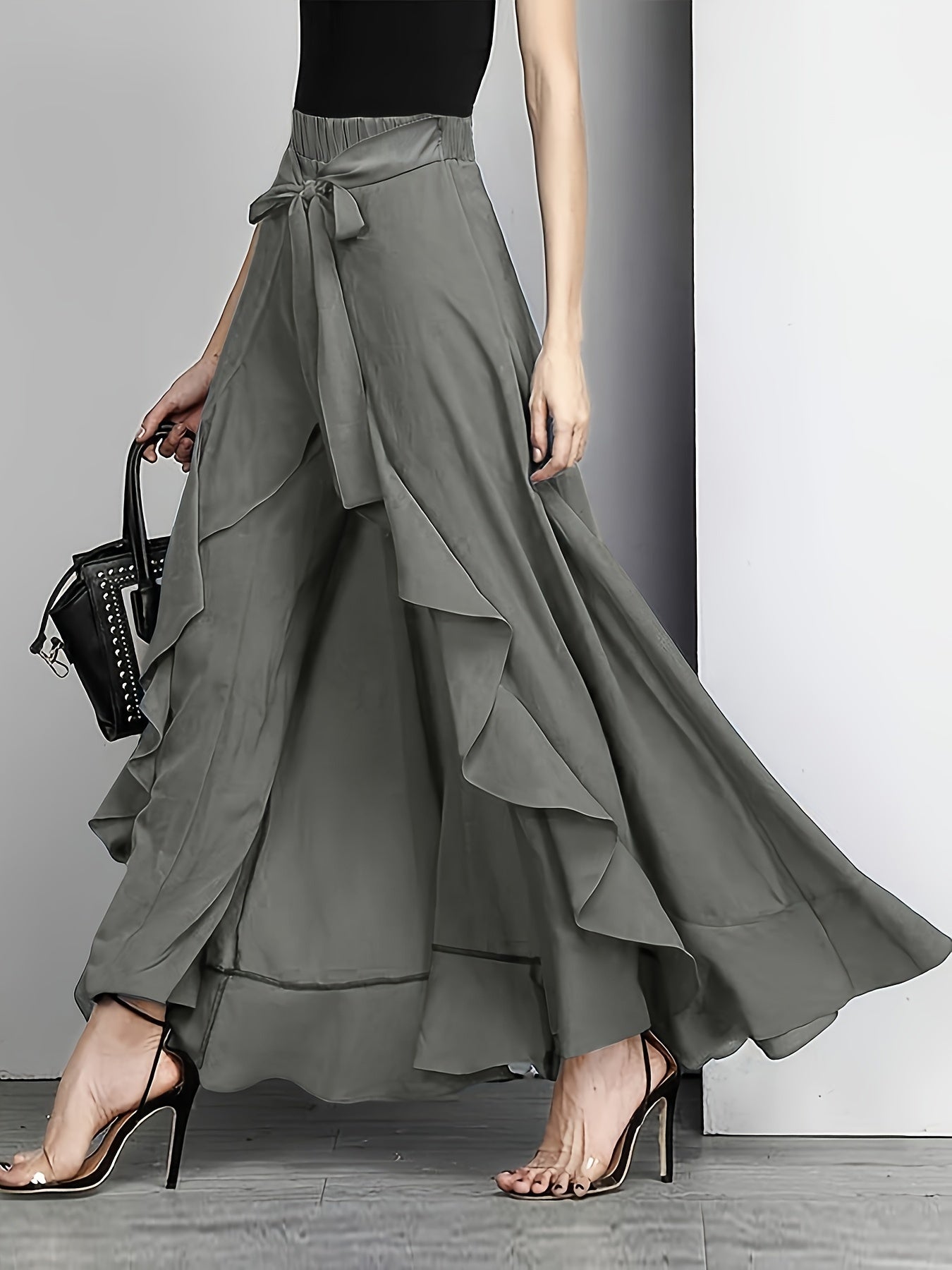 Hynessa | Ruffle women's trousers - wide-leg trousers with high waist and skirt overlay