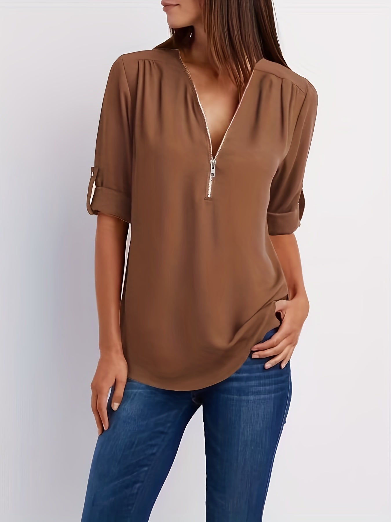 Veridiana | Women's V-Neck Half-Zip Blouse - Casual Ruffle Sleeve, Elegant and Breathable