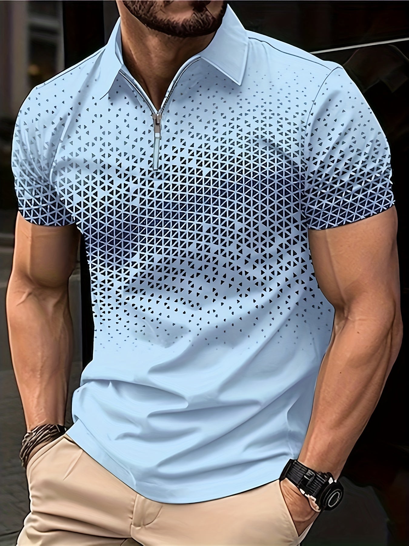 Waldred | Polo zippé géométrique pour homme - Respirant, extensible, manches courtes, coupe décontractée