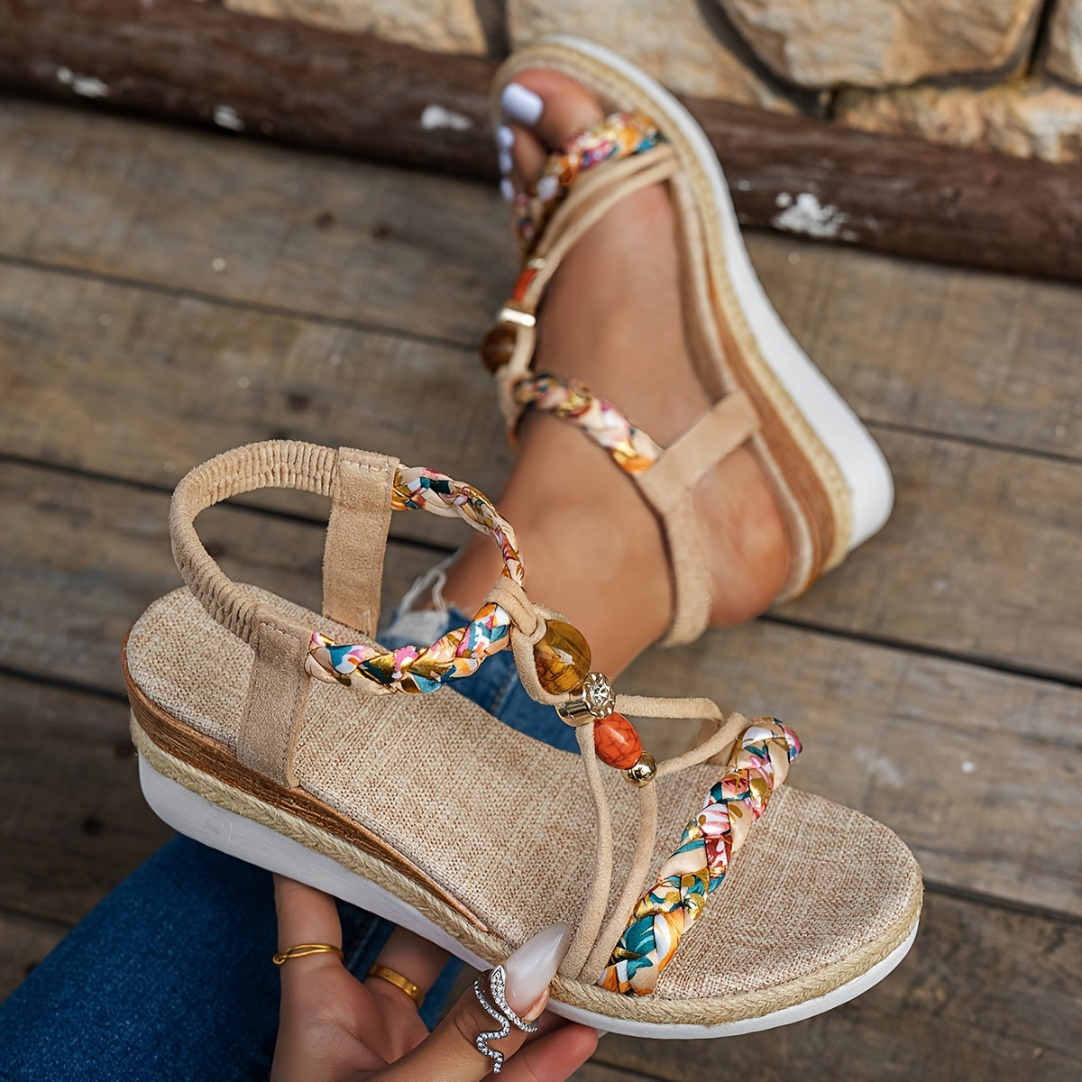 Zafrina | Bohemian Women's Sandals - Hand-Woven Multicolor Elastic Straps