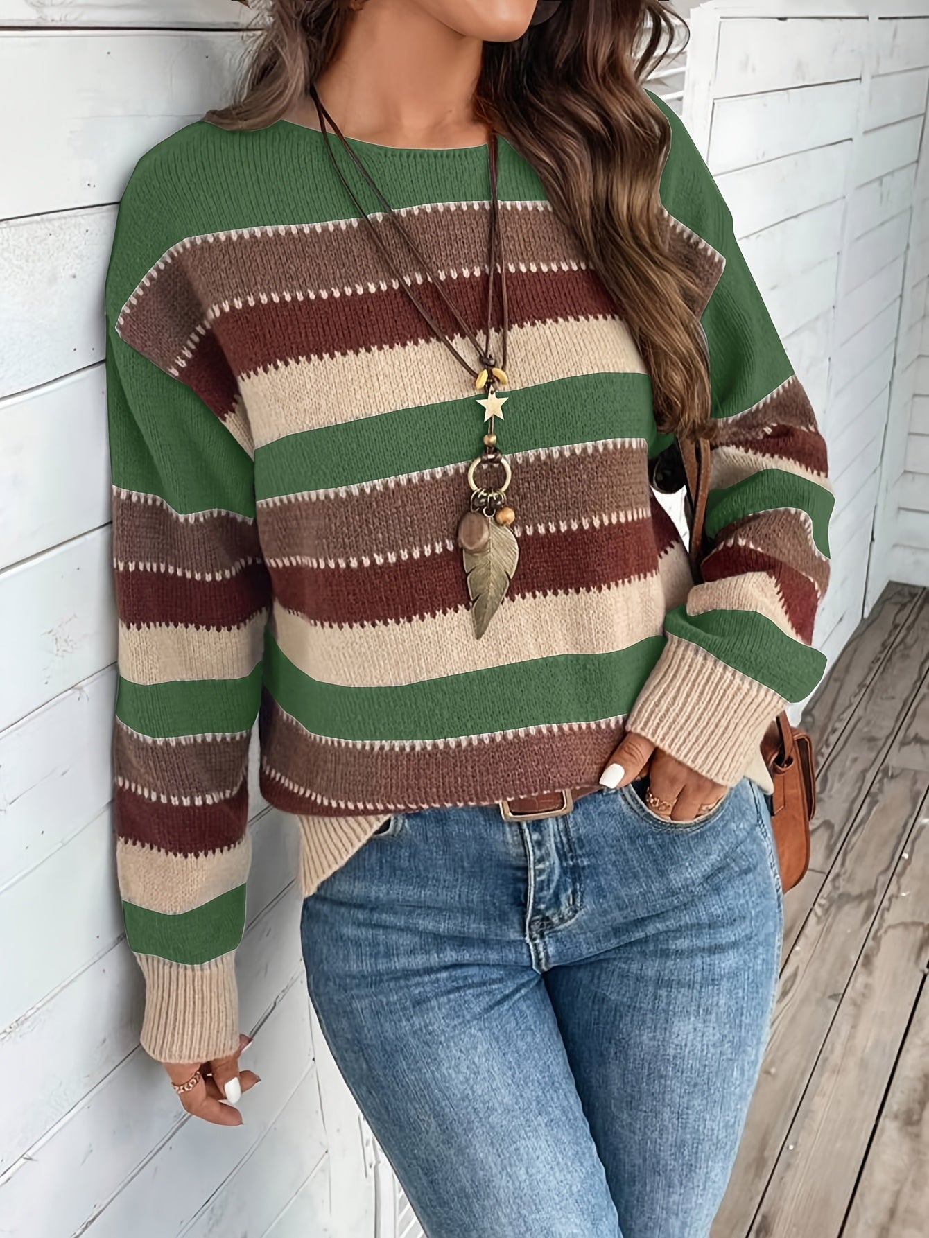 Freja | Dames Trui met Kleurblok Streepjes Ronde Hals - Vintage Pullover Met Lange Mouwen voor Vrijetijdskleding