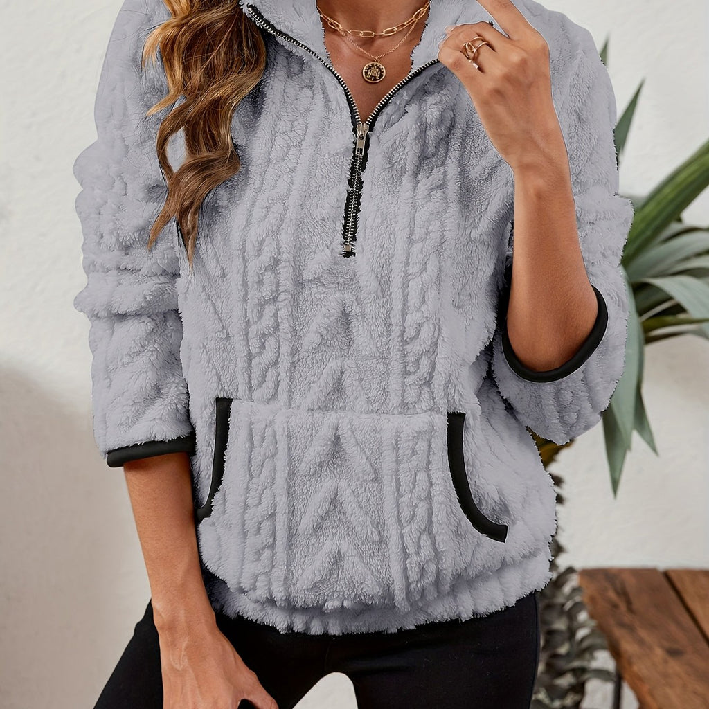 Iduna | Damestrui met halve rits – Comfortabel fleecesweatshirt met grote zakken, casual trui