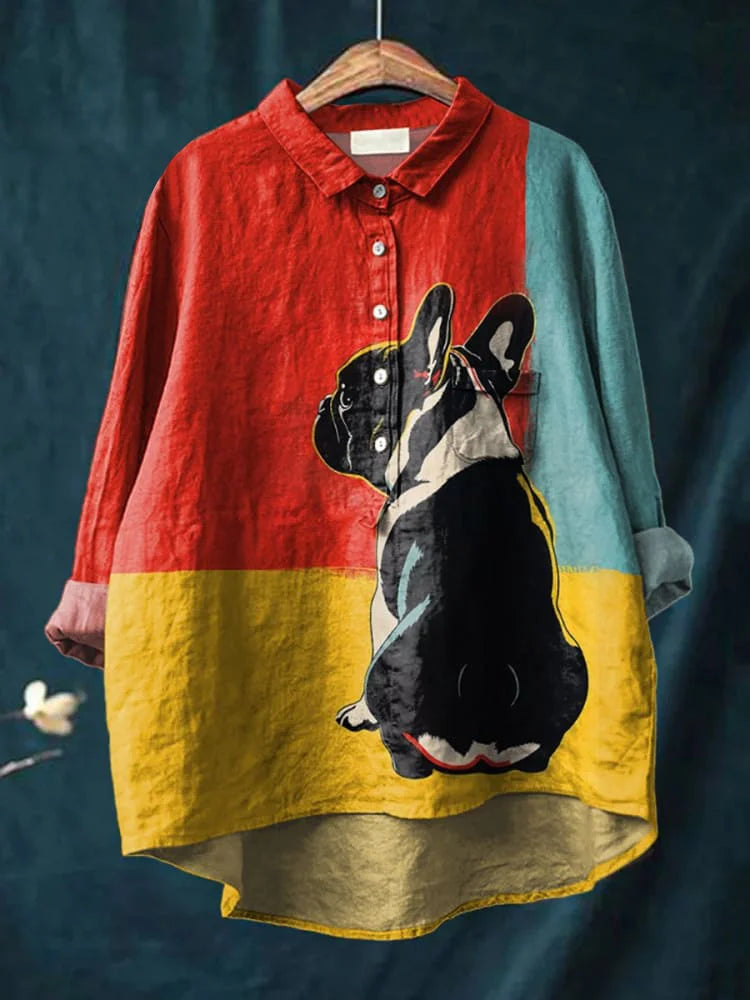 Elza | Oversized Damesshirt met Hondenkunst print - Lange Mouw Katoenen Casual Blouse