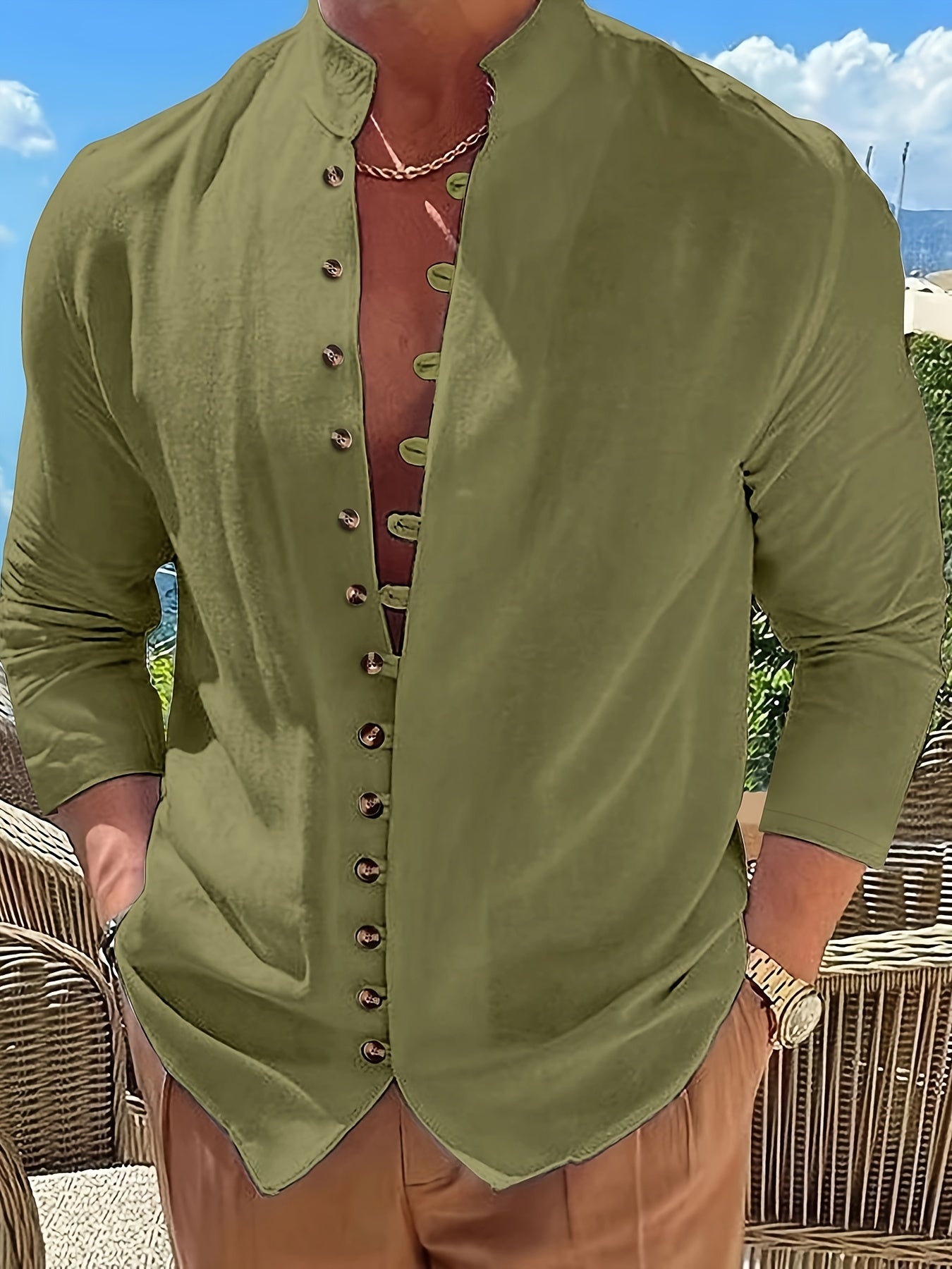 Philly | Heren Vintage Katoenen Linnen Casual Overhemd - Lange Mouw, Staande Kraag, Knoopdetail, Los model