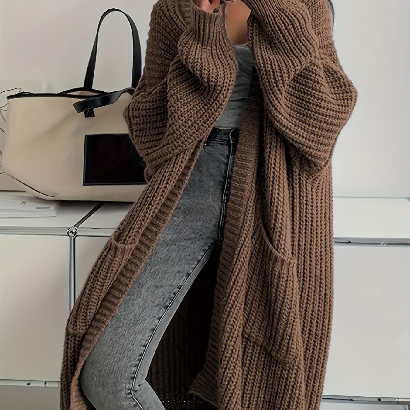 Myvessa | Lang gebreid vest voor dames – open voorkant, oversized, casual trui voor herfst en winter