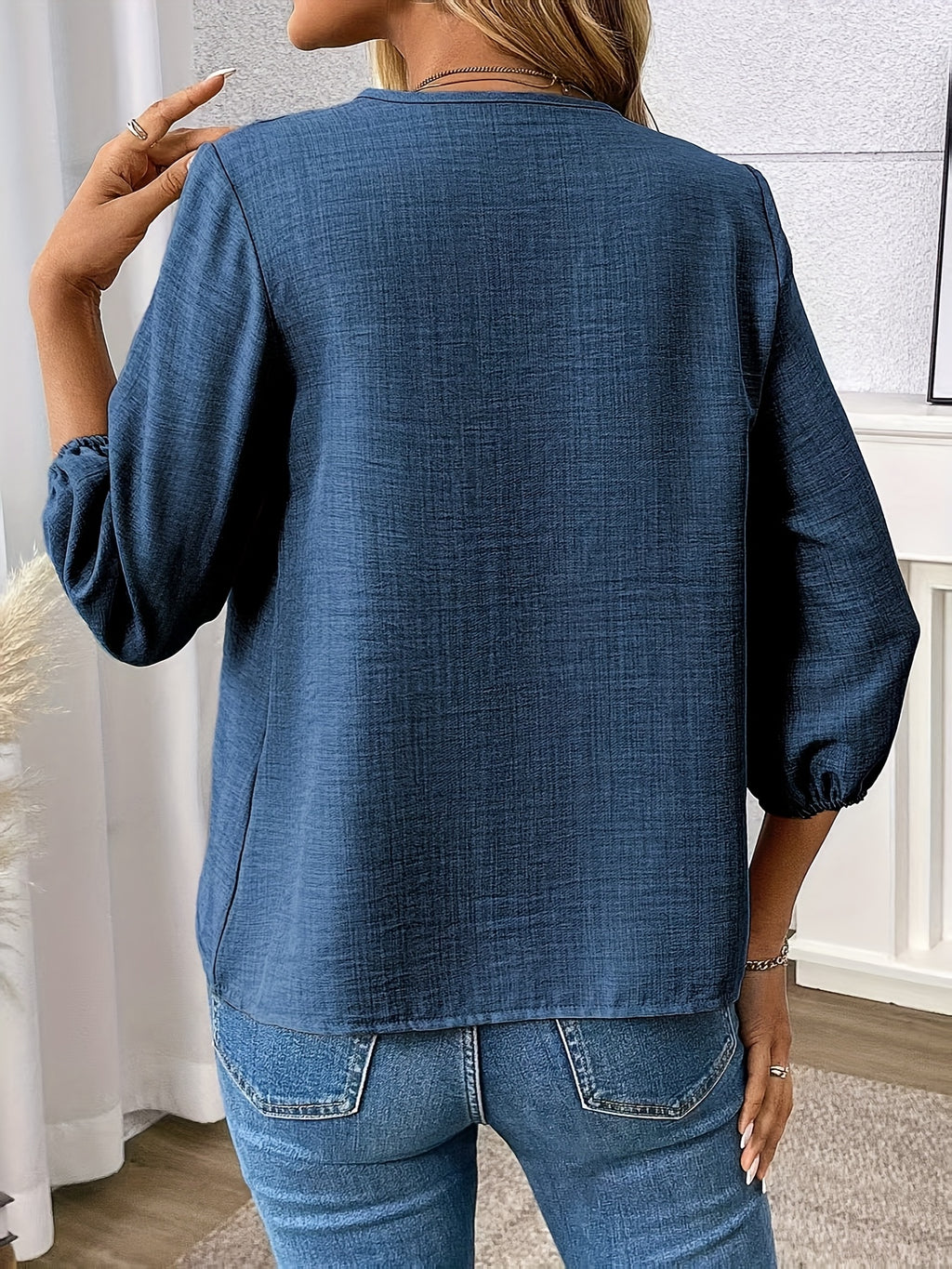 Kairavi | Zipper V-Neck Blouse - 3/4 Sleeves, Casual Top