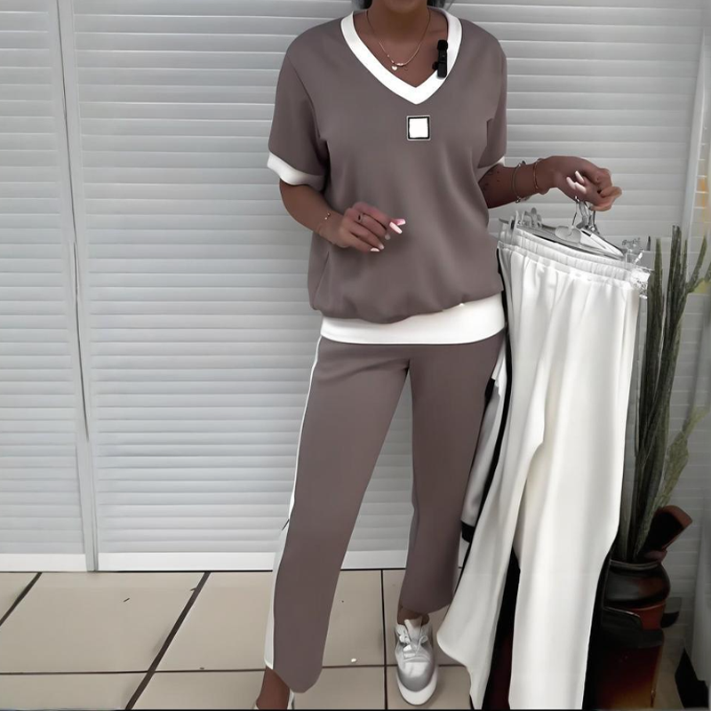 Danikae | Casual loungeset met V-hals – Relaxte top en bijpassende broek, comfortabele loungewear-outfit